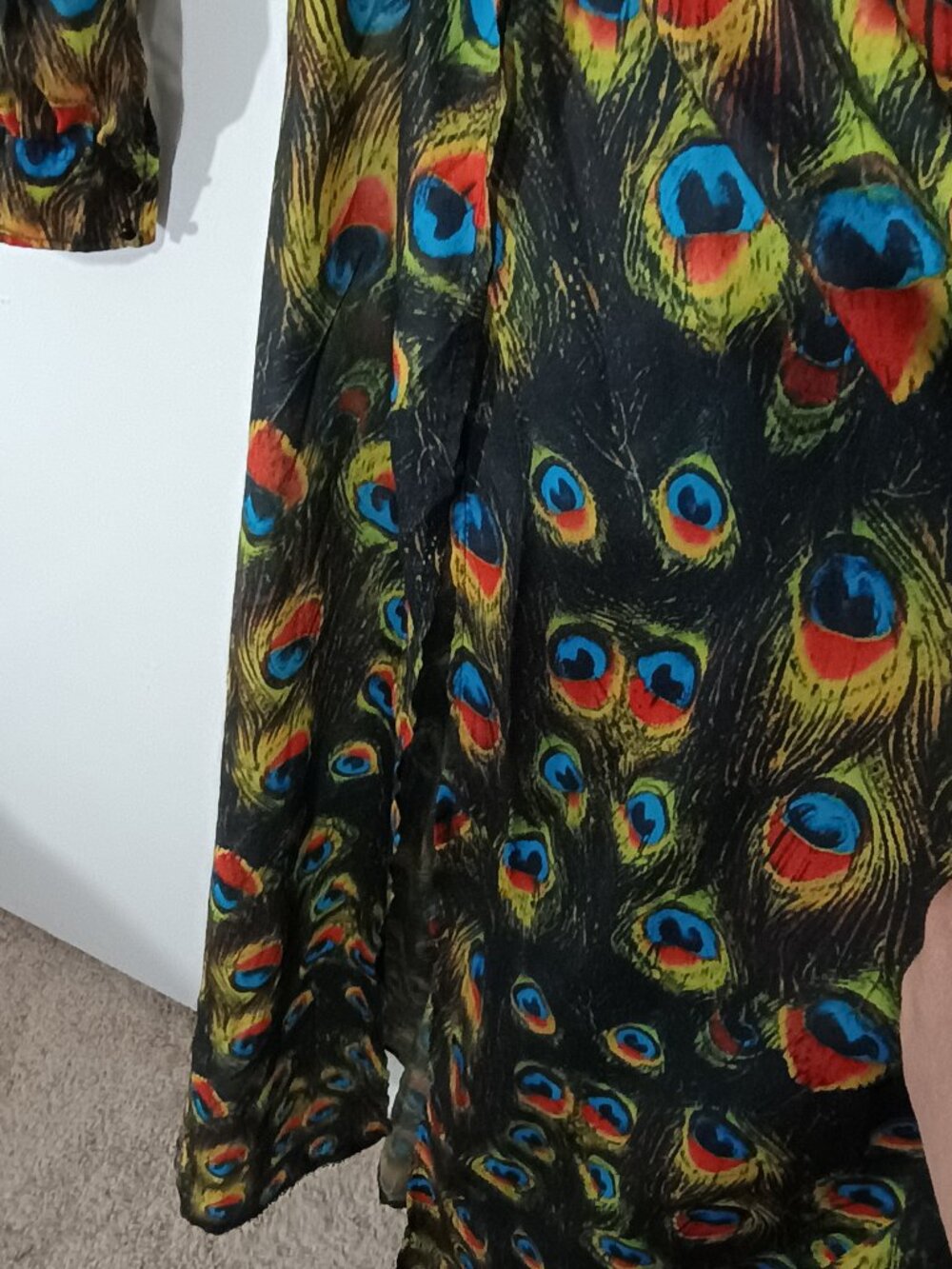 Miss Ord Peacock Feather Print Maxi Dress Deep V Boho Long Sleeve - Picture 15 of 15